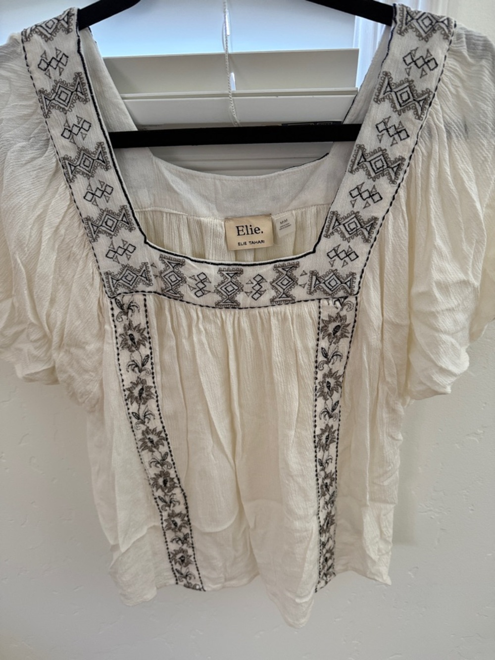 Elie Tahari Cream Embroidered Square-Neck Peasant Blouse